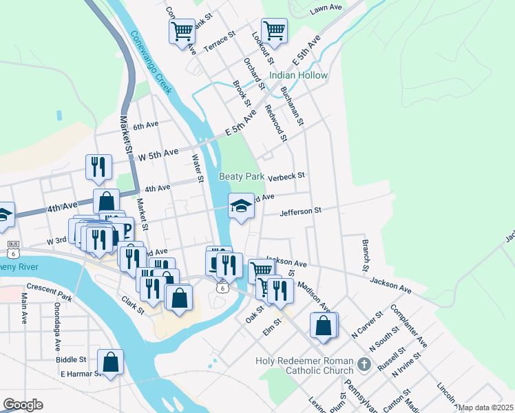 map of restaurants, bars, coffee shops, grocery stores, and more near 2 East 3rd Avenue in Warren