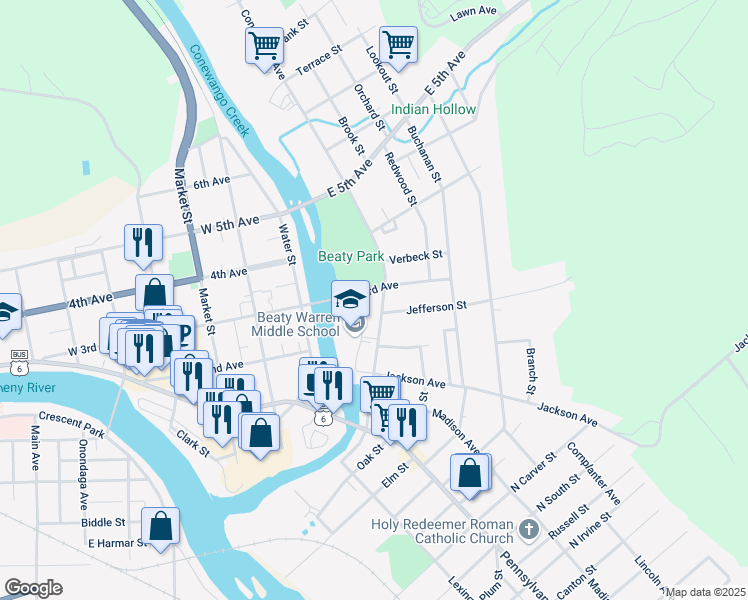 map of restaurants, bars, coffee shops, grocery stores, and more near 2 East 3rd Avenue in Warren