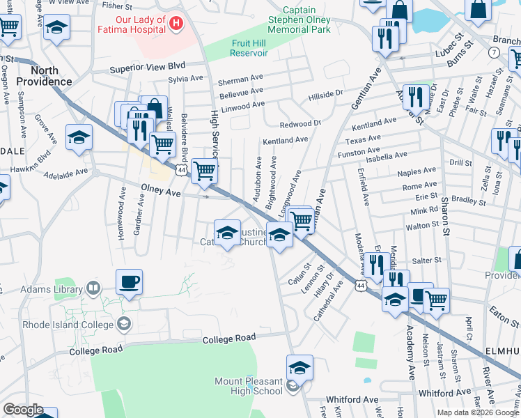 map of restaurants, bars, coffee shops, grocery stores, and more near 1286 Smith Street in Providence