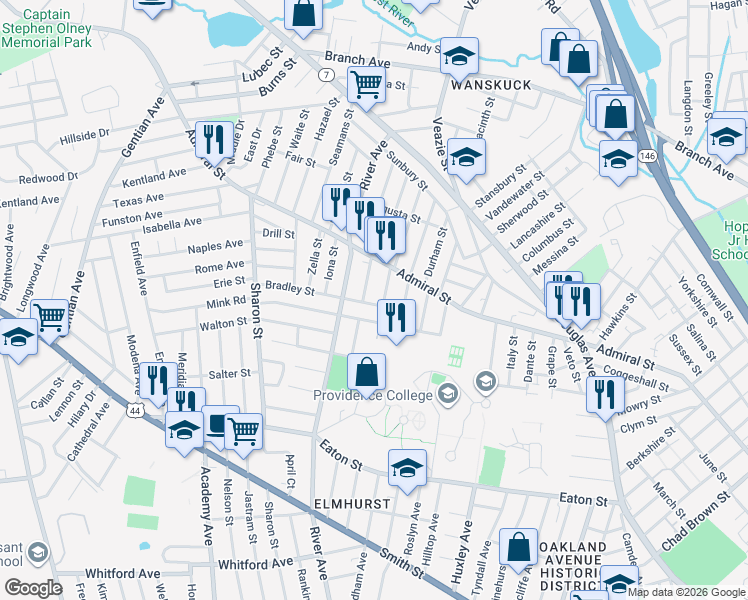 map of restaurants, bars, coffee shops, grocery stores, and more near 47 Cumberland Street in Providence