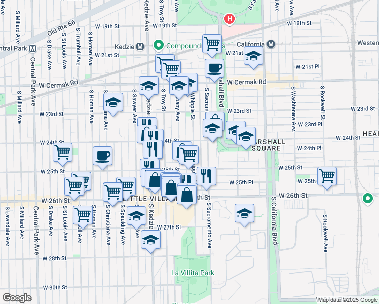 map of restaurants, bars, coffee shops, grocery stores, and more near 2437 South Albany Avenue in Chicago