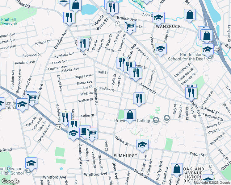 map of restaurants, bars, coffee shops, grocery stores, and more near 128 Sandringham Avenue in Providence