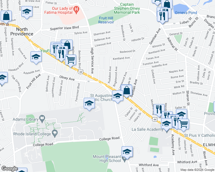map of restaurants, bars, coffee shops, grocery stores, and more near 2 Audubon Avenue in Providence
