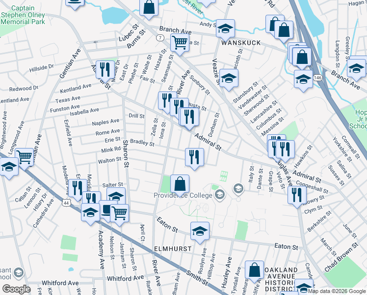 map of restaurants, bars, coffee shops, grocery stores, and more near 47 Cumberland Street in Providence
