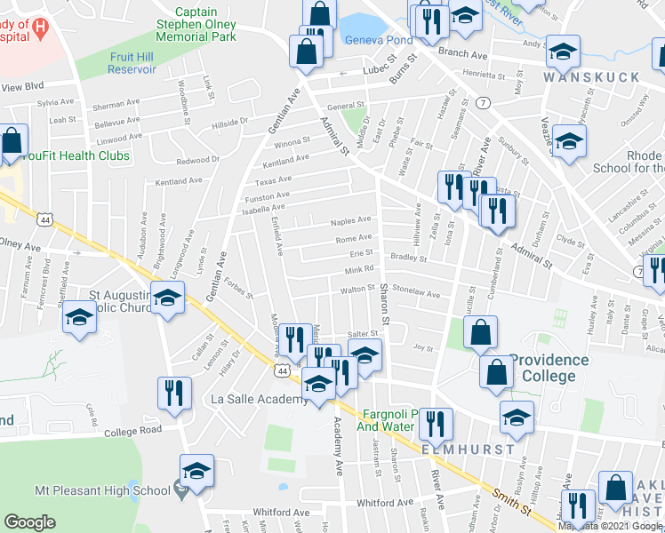 map of restaurants, bars, coffee shops, grocery stores, and more near 58 Mink Road in Providence