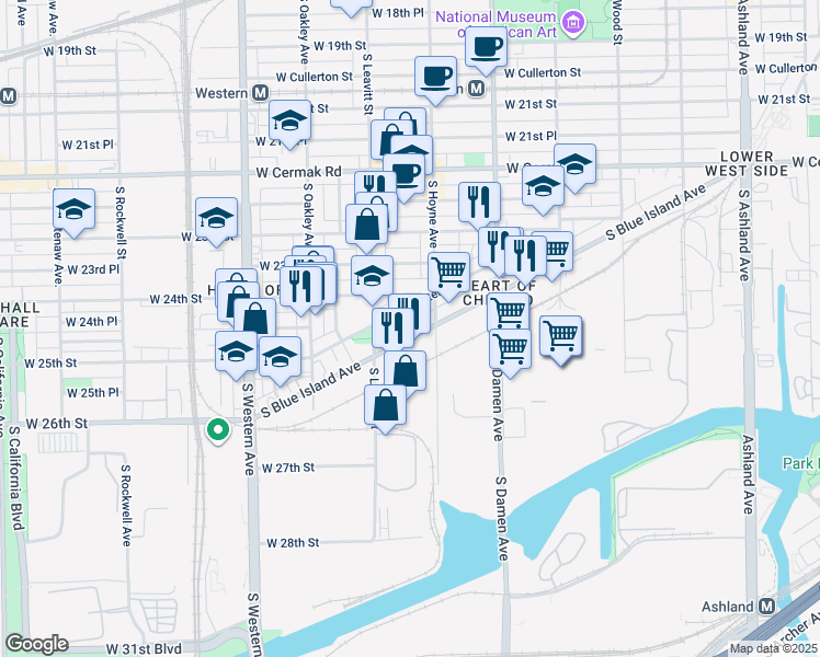 map of restaurants, bars, coffee shops, grocery stores, and more near 2525 South Blue Island Avenue in Chicago