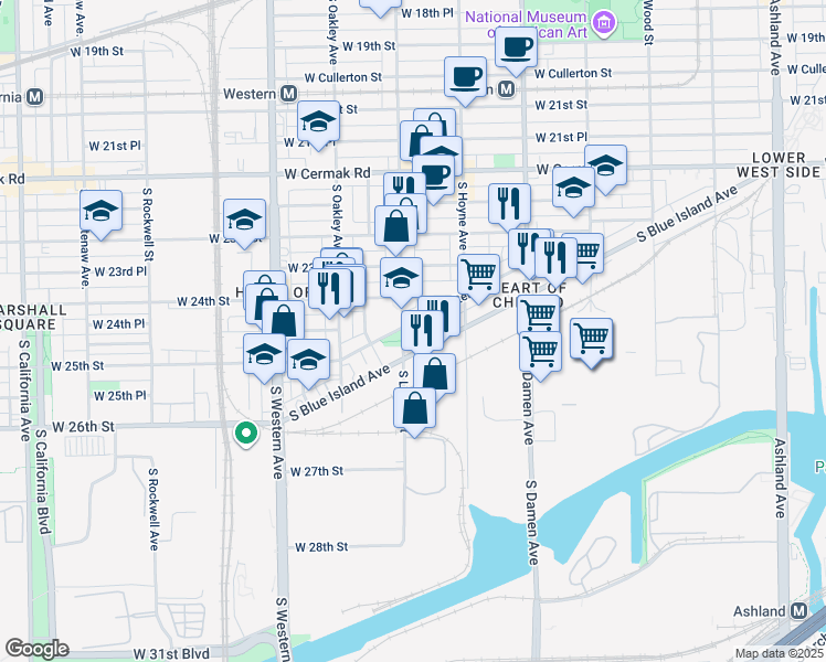 map of restaurants, bars, coffee shops, grocery stores, and more near 2525 South Blue Island Avenue in Chicago