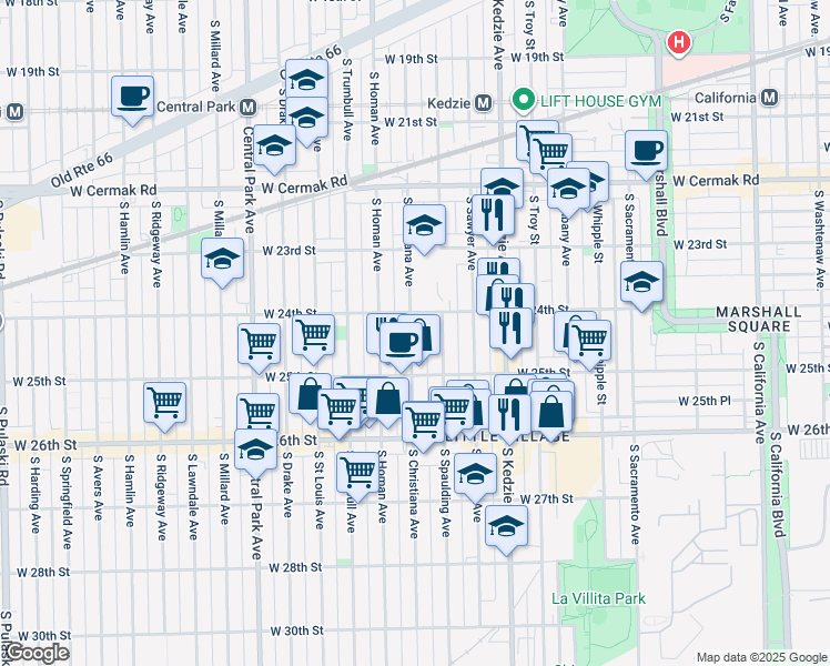 map of restaurants, bars, coffee shops, grocery stores, and more near 2434 South Spaulding Avenue in Chicago