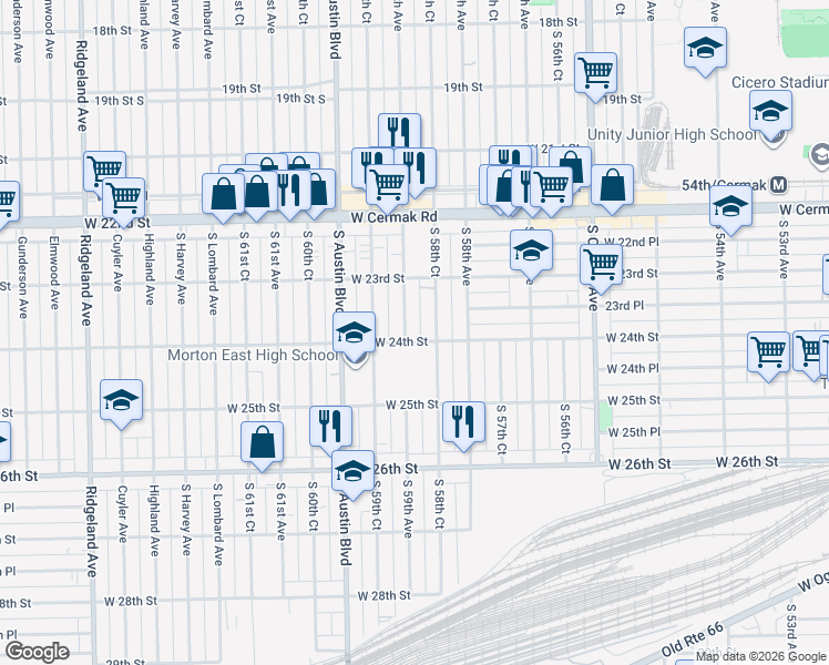 map of restaurants, bars, coffee shops, grocery stores, and more near 2345 South 59th Avenue in Cicero