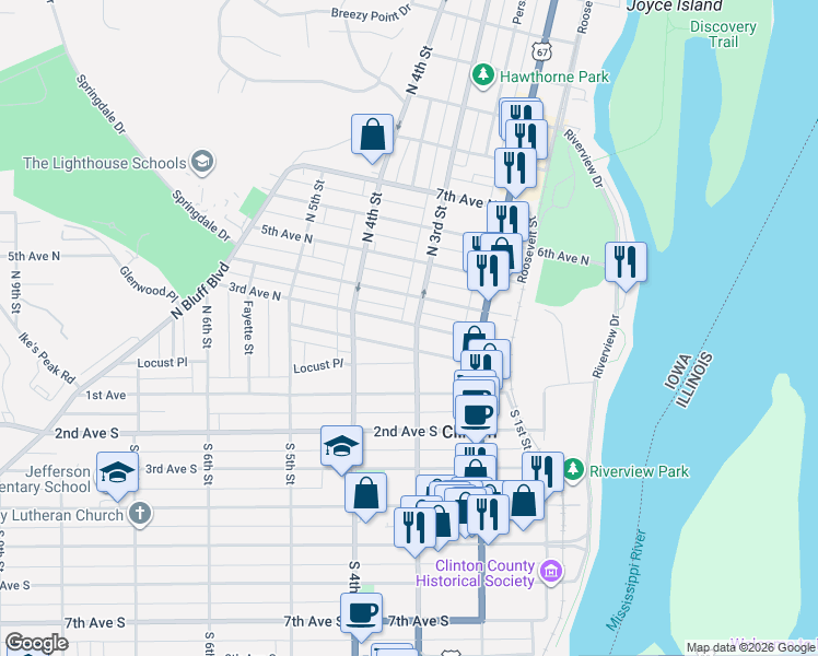 map of restaurants, bars, coffee shops, grocery stores, and more near 201 North 3rd Street in Clinton