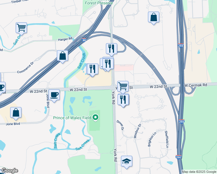 map of restaurants, bars, coffee shops, grocery stores, and more near 500 West 22nd Street in Oak Brook