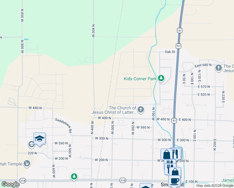 map of restaurants, bars, coffee shops, grocery stores, and more near 291 West 510 North in Smithfield
