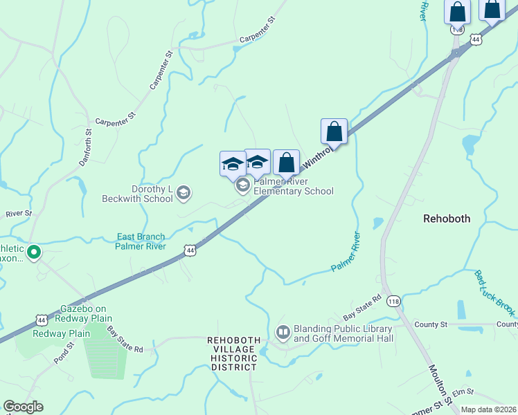 map of restaurants, bars, coffee shops, grocery stores, and more near 325 Winthrop Street in Rehoboth