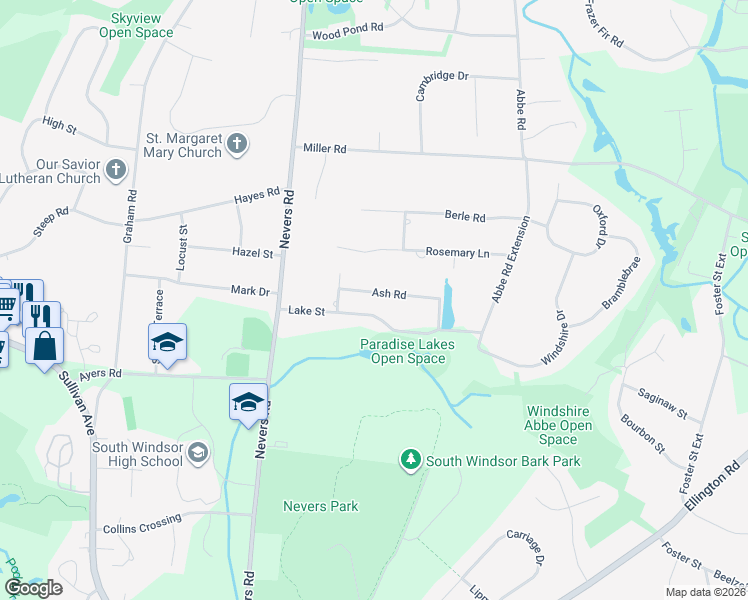 map of restaurants, bars, coffee shops, grocery stores, and more near 71 Lake Street in South Windsor