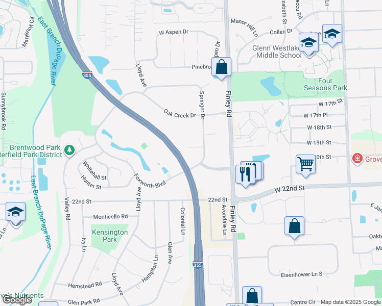 map of restaurants, bars, coffee shops, grocery stores, and more near 2080 Springer Drive in Lombard