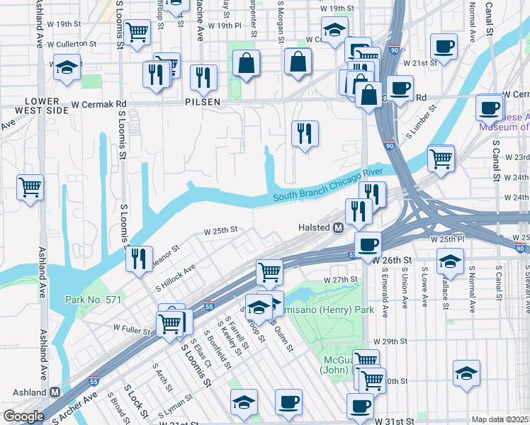map of restaurants, bars, coffee shops, grocery stores, and more near 2500 South Corbett Street in Chicago