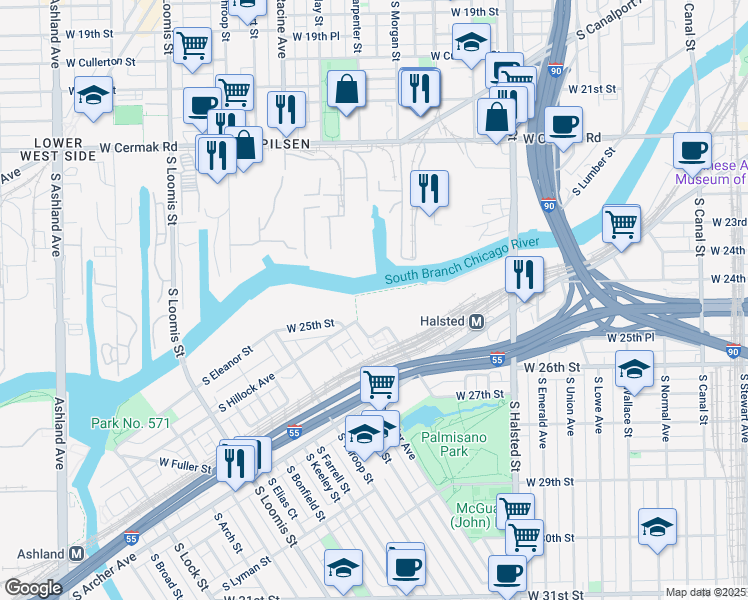 map of restaurants, bars, coffee shops, grocery stores, and more near 2500 South Corbett Street in Chicago