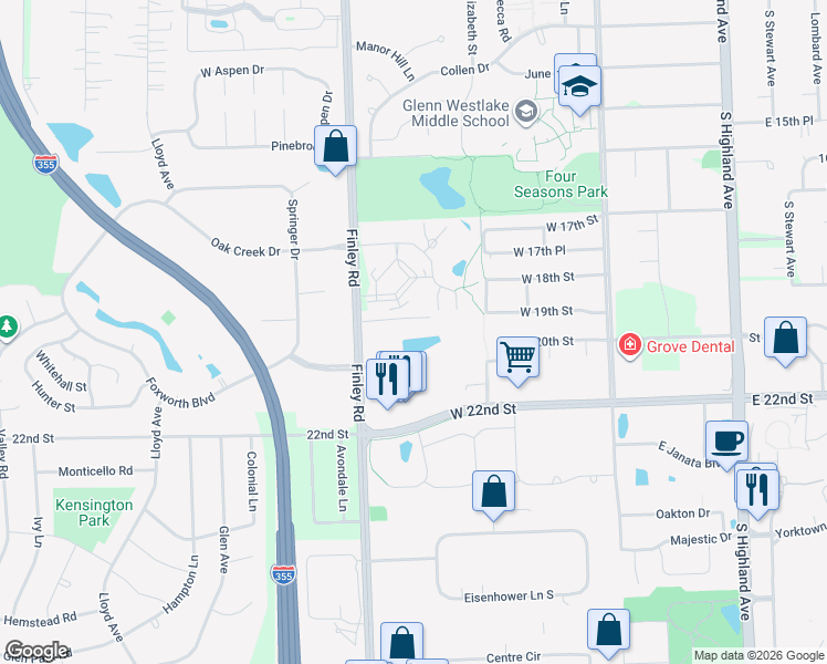 map of restaurants, bars, coffee shops, grocery stores, and more near 2005 South Finley Road in Lombard