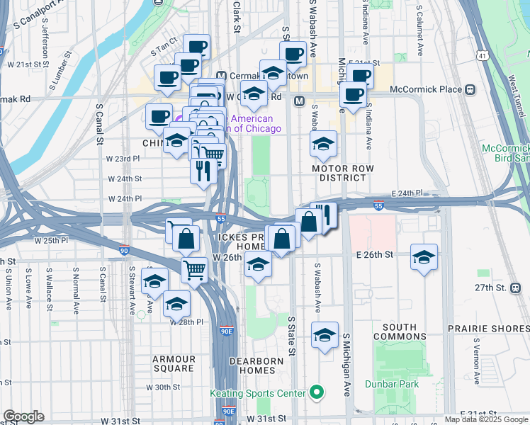 map of restaurants, bars, coffee shops, grocery stores, and more near 2444 South Dearborn Street in Chicago