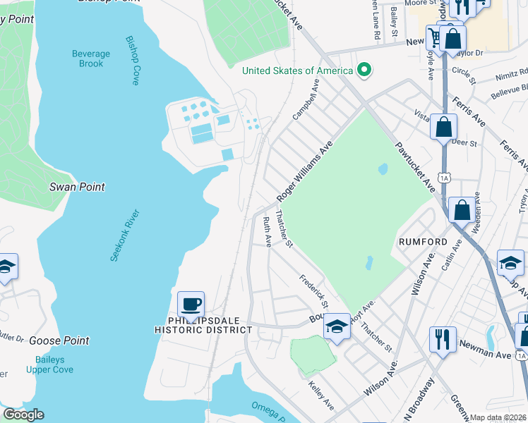 map of restaurants, bars, coffee shops, grocery stores, and more near 106 Ruth Avenue in East Providence