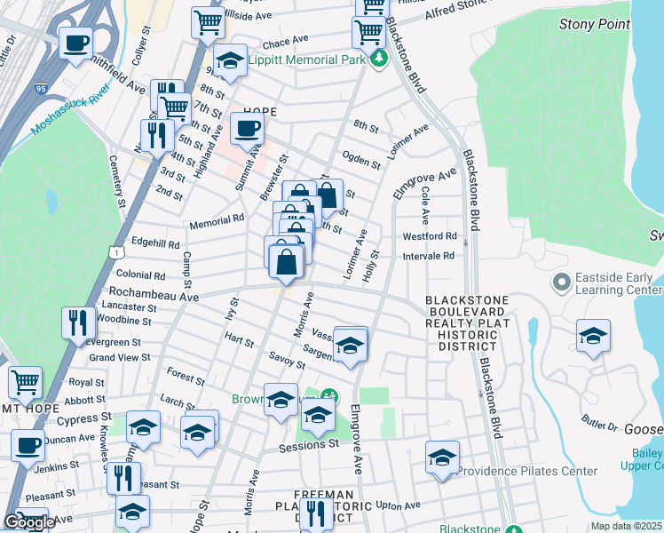 map of restaurants, bars, coffee shops, grocery stores, and more near 292 Rochambeau Avenue in Providence