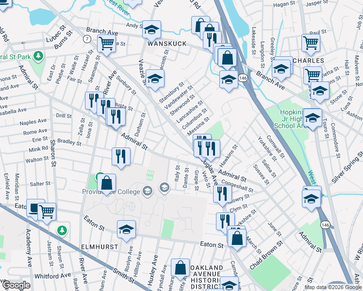 map of restaurants, bars, coffee shops, grocery stores, and more near 22 Addeo Street in Providence
