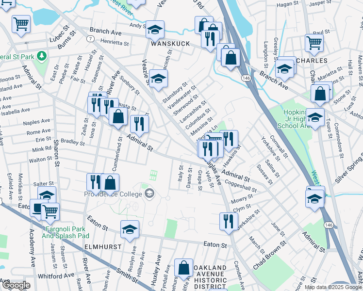 map of restaurants, bars, coffee shops, grocery stores, and more near 22 Addeo Street in Providence