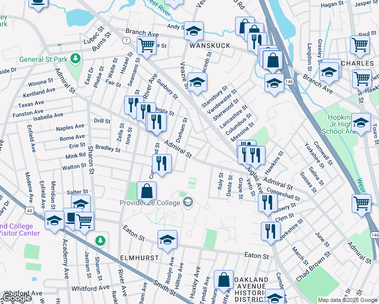 map of restaurants, bars, coffee shops, grocery stores, and more near 536 Admiral Street in Providence