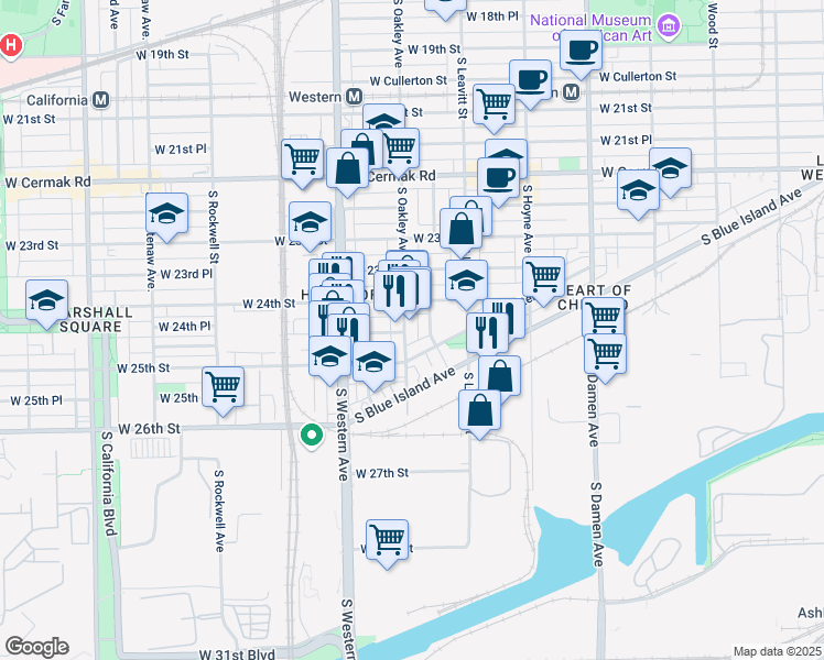 map of restaurants, bars, coffee shops, grocery stores, and more near 2254 West Coulter Street in Chicago