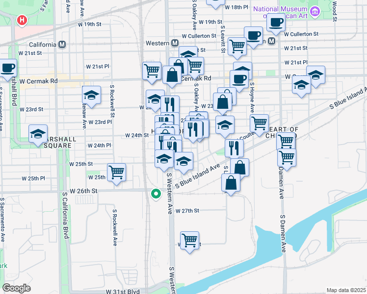 map of restaurants, bars, coffee shops, grocery stores, and more near 2324 West 25th Street in Chicago