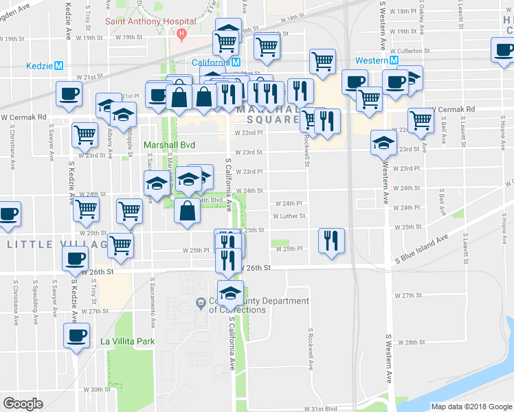 map of restaurants, bars, coffee shops, grocery stores, and more near 2701 West 24th Place in Chicago