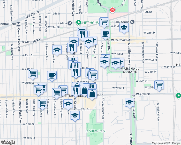 map of restaurants, bars, coffee shops, grocery stores, and more near 2437 South Albany Avenue in Chicago