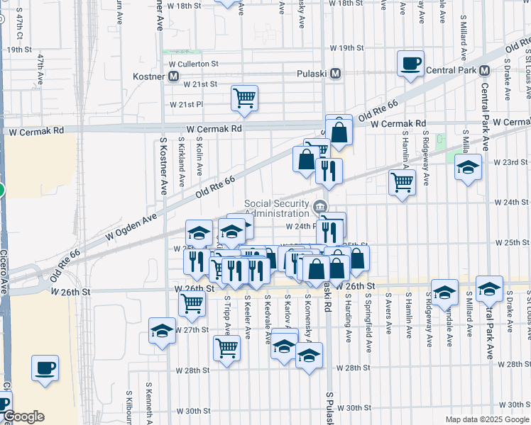 map of restaurants, bars, coffee shops, grocery stores, and more near 4170 West 24th Place in Chicago