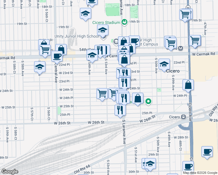 map of restaurants, bars, coffee shops, grocery stores, and more near 5242 West 24th Place in Cicero
