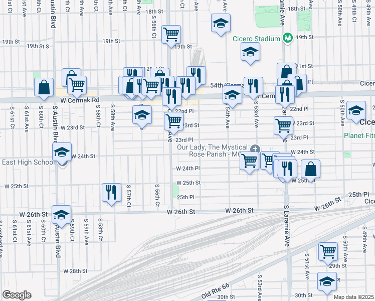 map of restaurants, bars, coffee shops, grocery stores, and more near 5506 West 24th Place in Cicero
