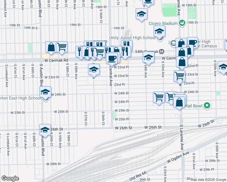 map of restaurants, bars, coffee shops, grocery stores, and more near 2407 South Central Avenue in Cicero