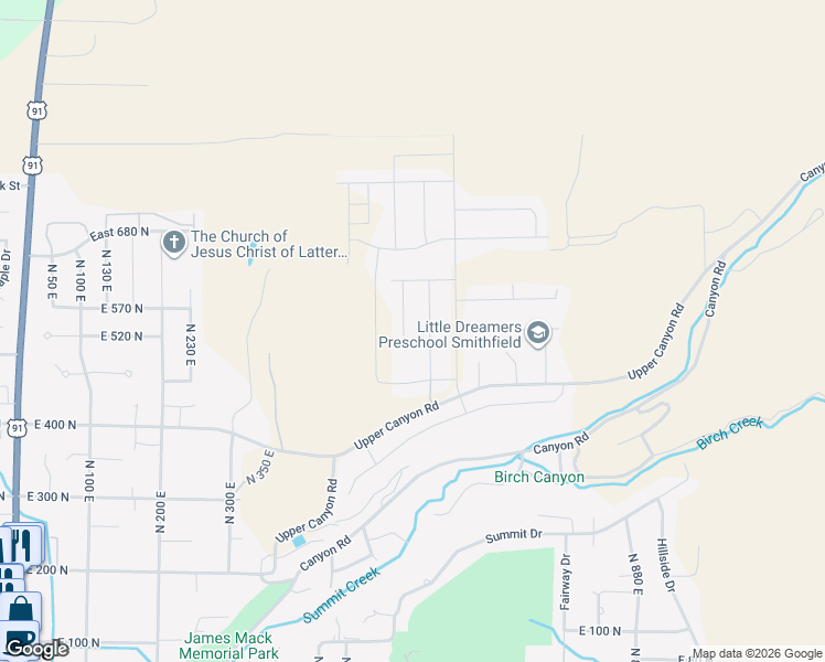 map of restaurants, bars, coffee shops, grocery stores, and more near 541 North 540 East in Smithfield
