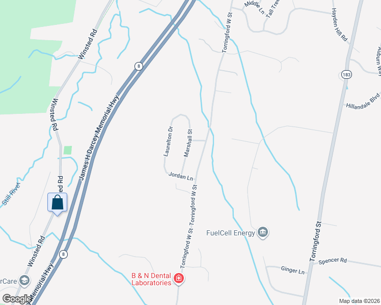 map of restaurants, bars, coffee shops, grocery stores, and more near 50 Marshall Street in Torrington