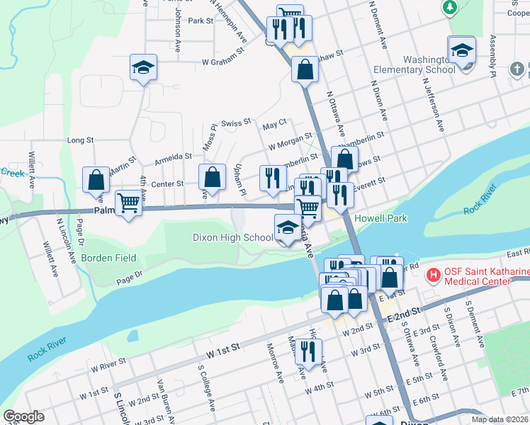 map of restaurants, bars, coffee shops, grocery stores, and more near 412 West Everett Street in Dixon