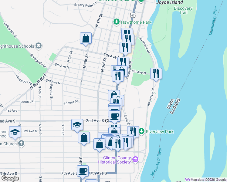 map of restaurants, bars, coffee shops, grocery stores, and more near 211 3rd Avenue North in Clinton