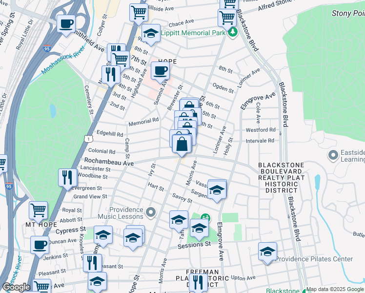 map of restaurants, bars, coffee shops, grocery stores, and more near in Providence
