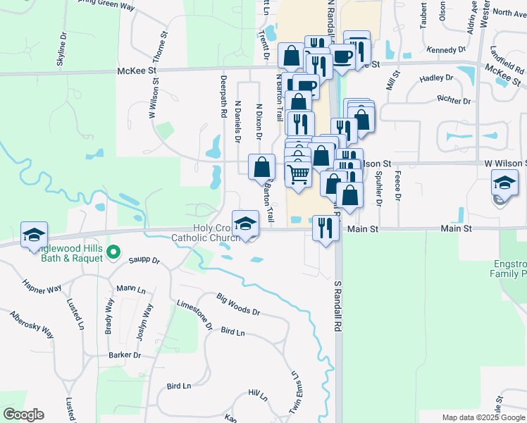 map of restaurants, bars, coffee shops, grocery stores, and more near 125 South Barton Trail in Batavia