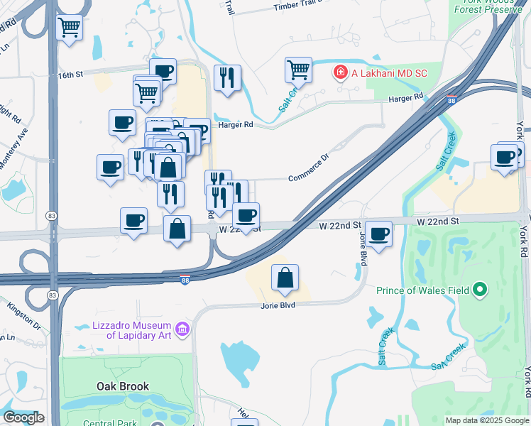 map of restaurants, bars, coffee shops, grocery stores, and more near 2111 McDonalds Drive in Oak Brook