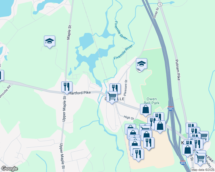 map of restaurants, bars, coffee shops, grocery stores, and more near 444 Hartford Pike in Killingly