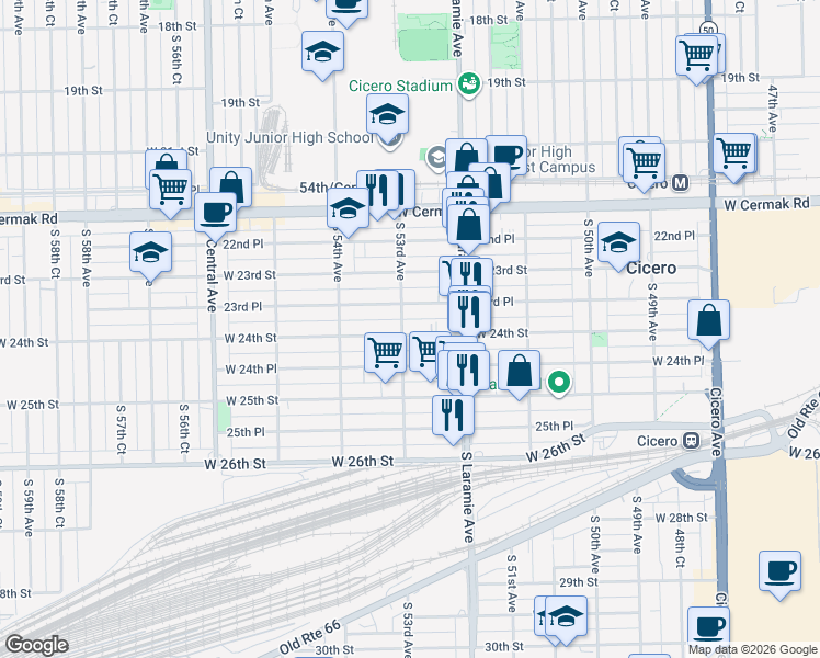 map of restaurants, bars, coffee shops, grocery stores, and more near 5242 West 24th Place in Cicero
