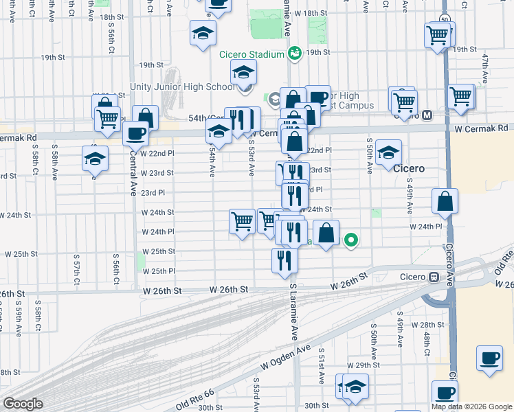 map of restaurants, bars, coffee shops, grocery stores, and more near 5242 West 24th Place in Cicero