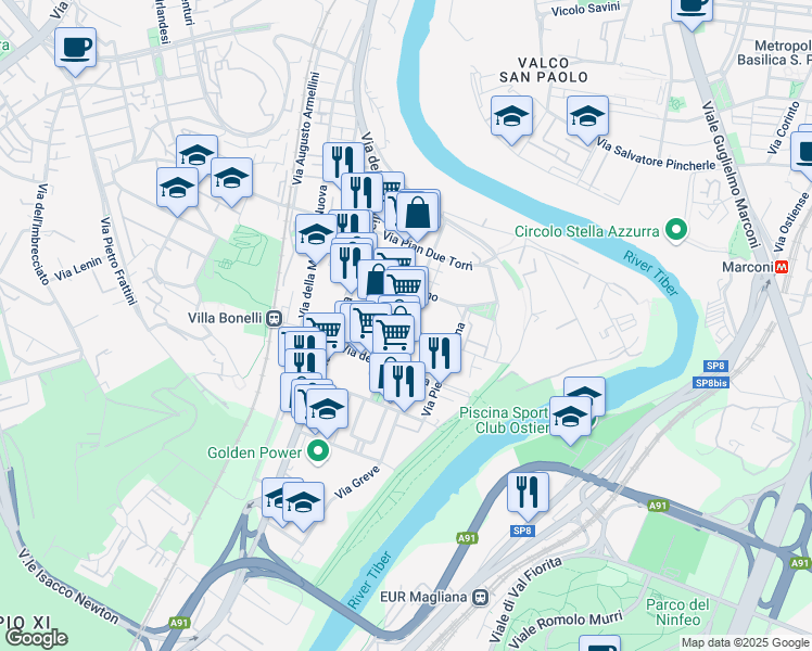 map of restaurants, bars, coffee shops, grocery stores, and more near 51 Viale Vicopisano in Roma