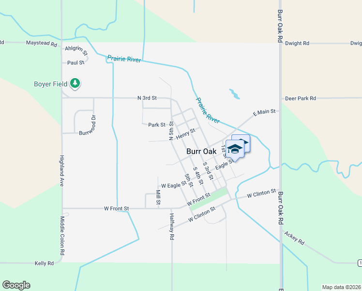 map of restaurants, bars, coffee shops, grocery stores, and more near 105 North 4th Street in Burr Oak