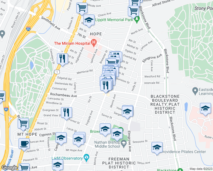 map of restaurants, bars, coffee shops, grocery stores, and more near 50 Glendale Avenue in Providence