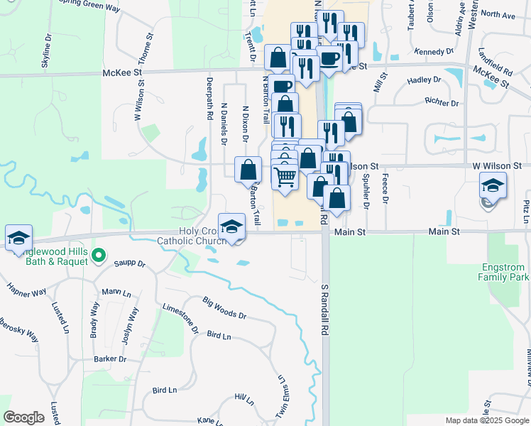 map of restaurants, bars, coffee shops, grocery stores, and more near 2201 Main Street Road in Batavia